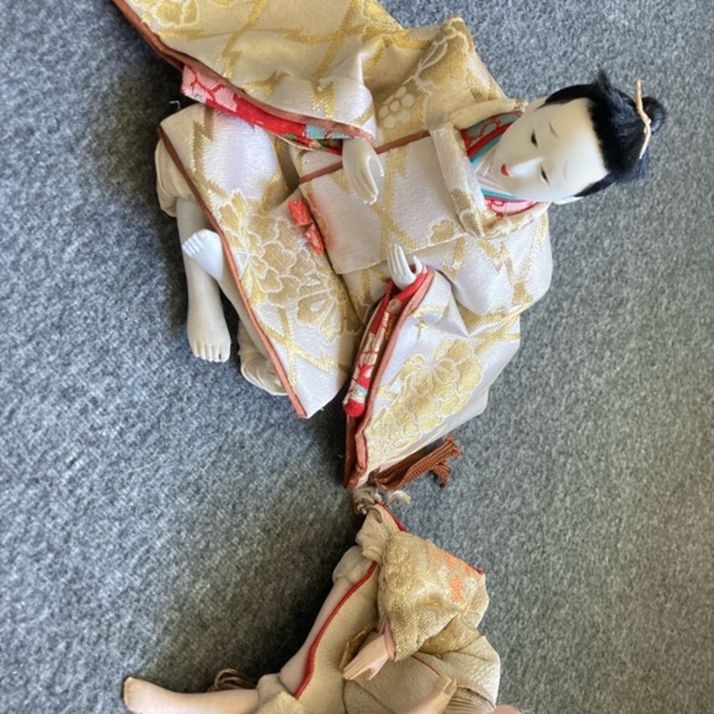 2 Vintage Japanese sitting male Doll-Kimono-5.5" Tall and 4 inches tall
